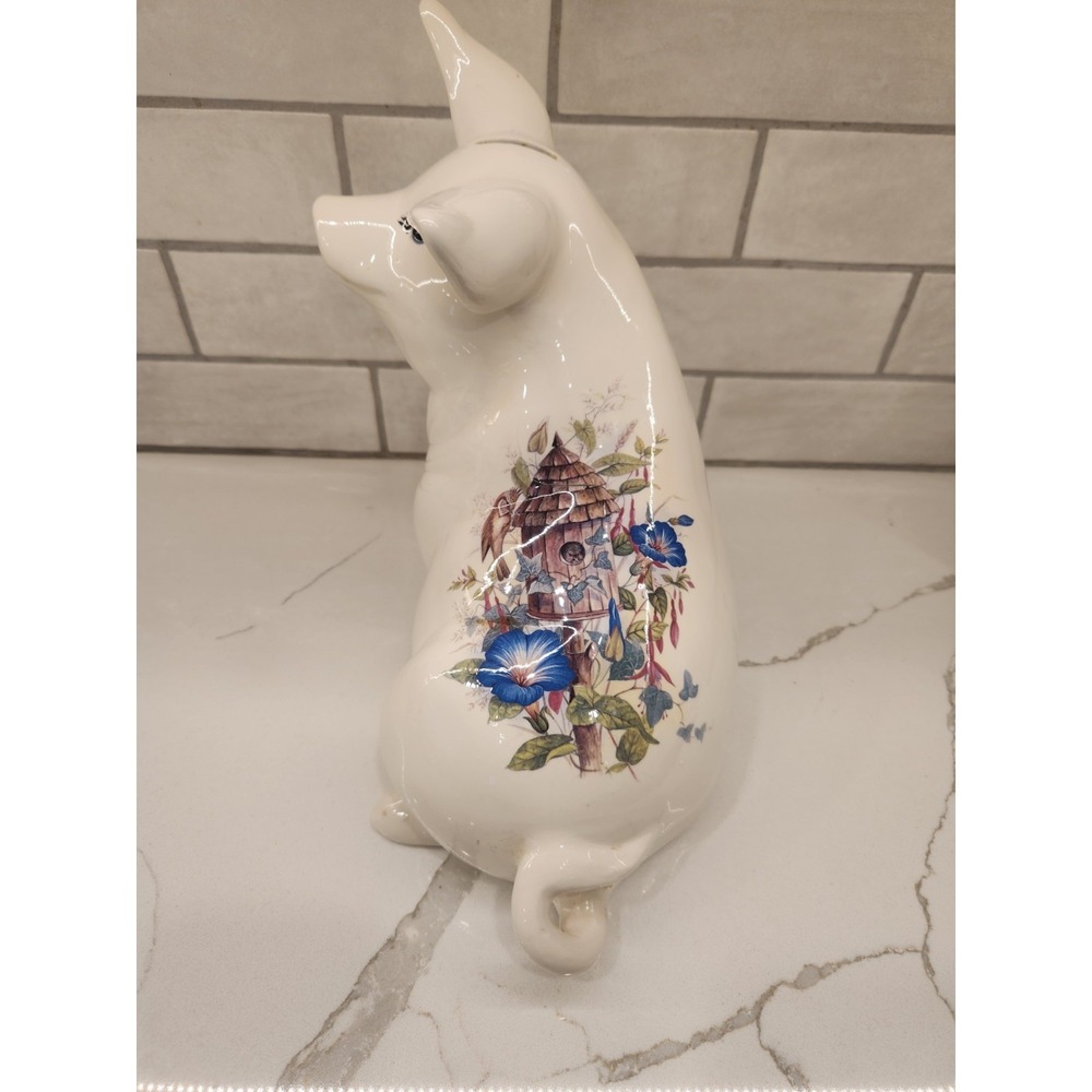 Vintage Ceramic Sitting Piggy Bank With Birdhouse & Floral Details Cottagecore